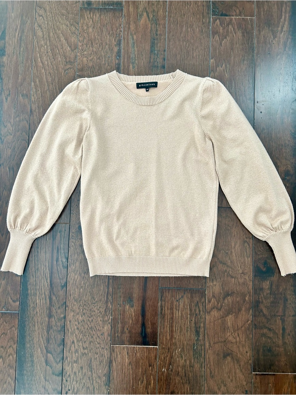 Gibson Beige Puff-Sleeve Crewneck Sweater